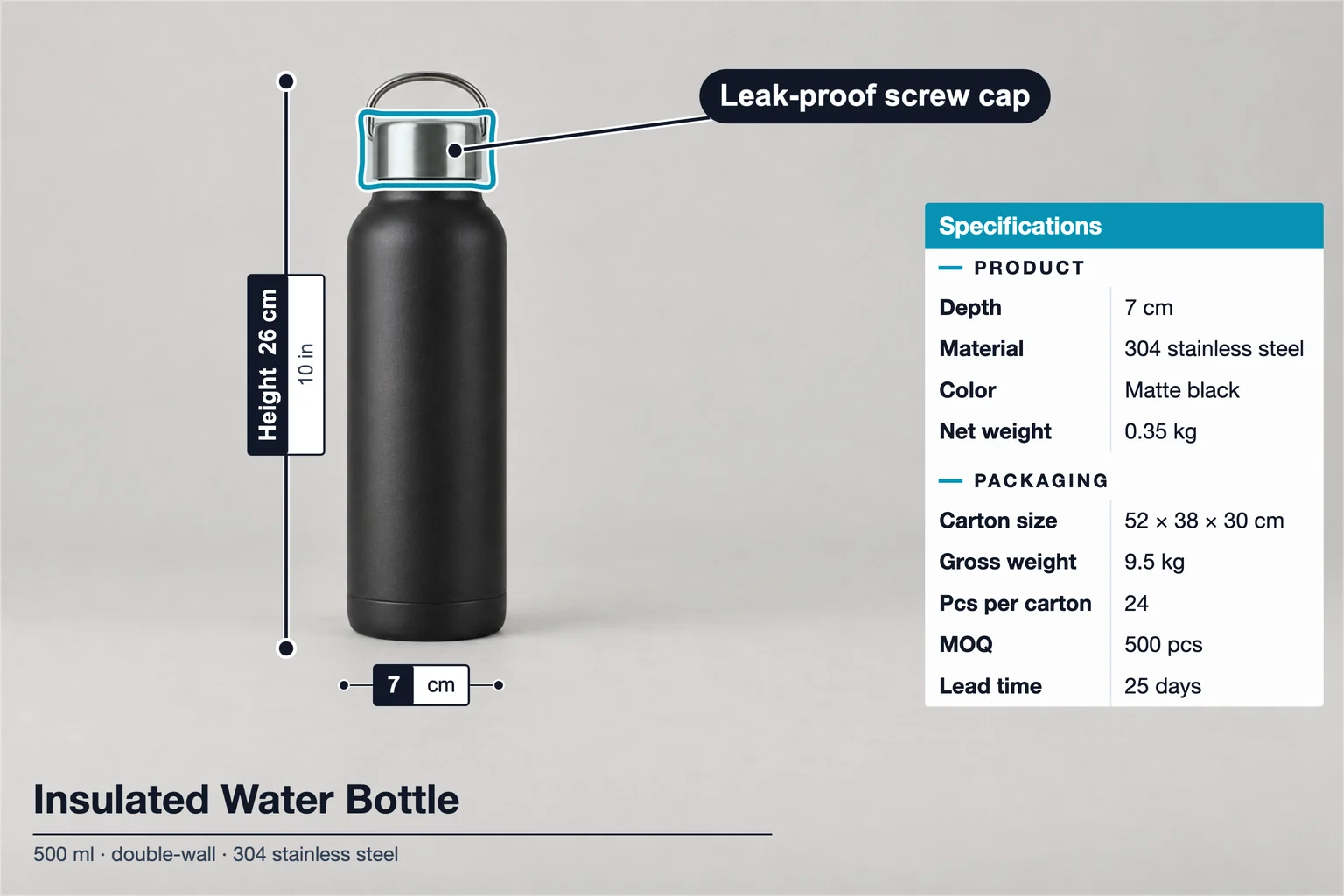 Isolierflasche mit 26 cm Höhe, 7 cm Breite, umrandetem Schraubdeckel, Titelblock und Spezifikationstabelle mit Karton, MOQ und Lieferzeit