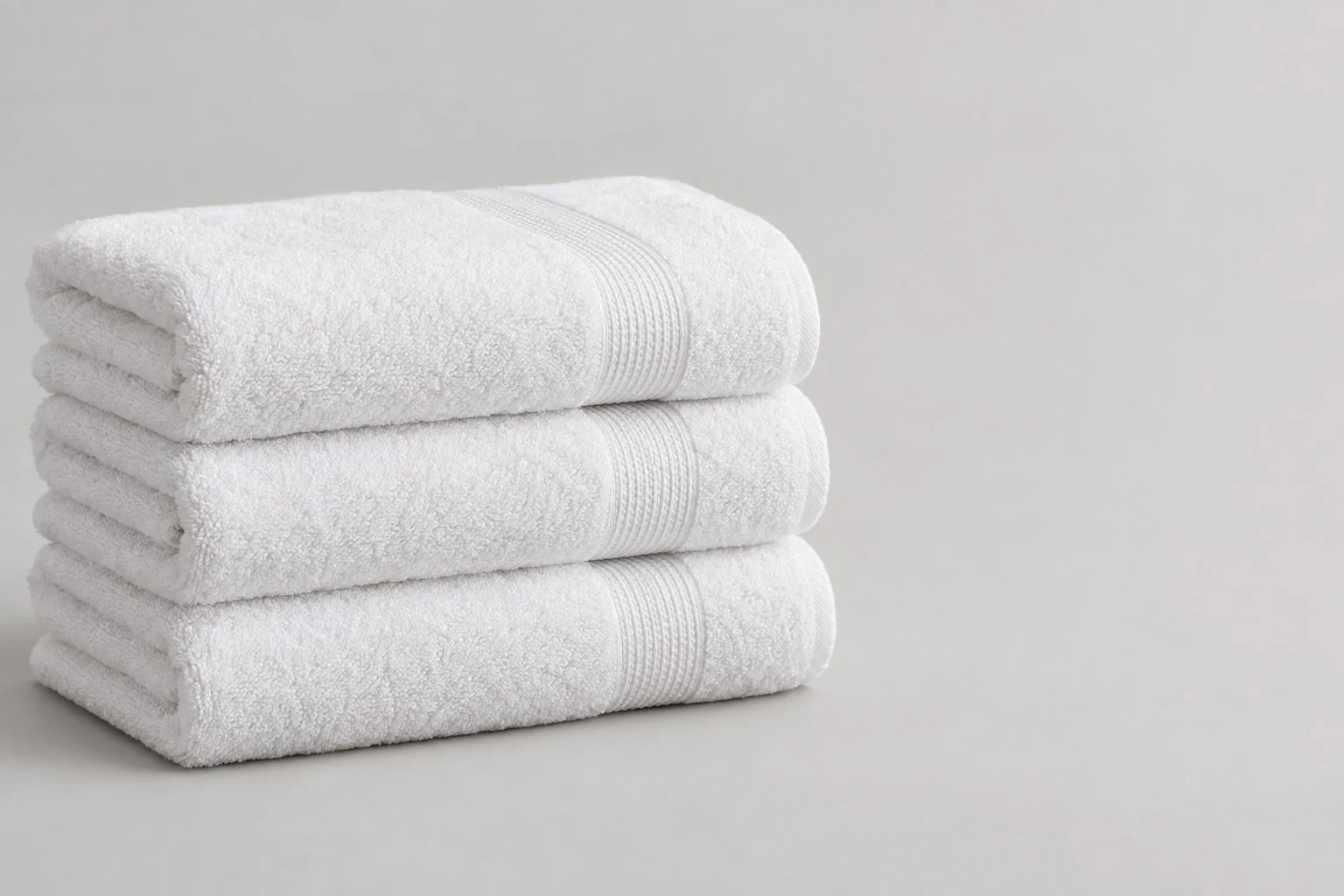 Stack of three folded white cotton bath towels with a woven border, without annotations