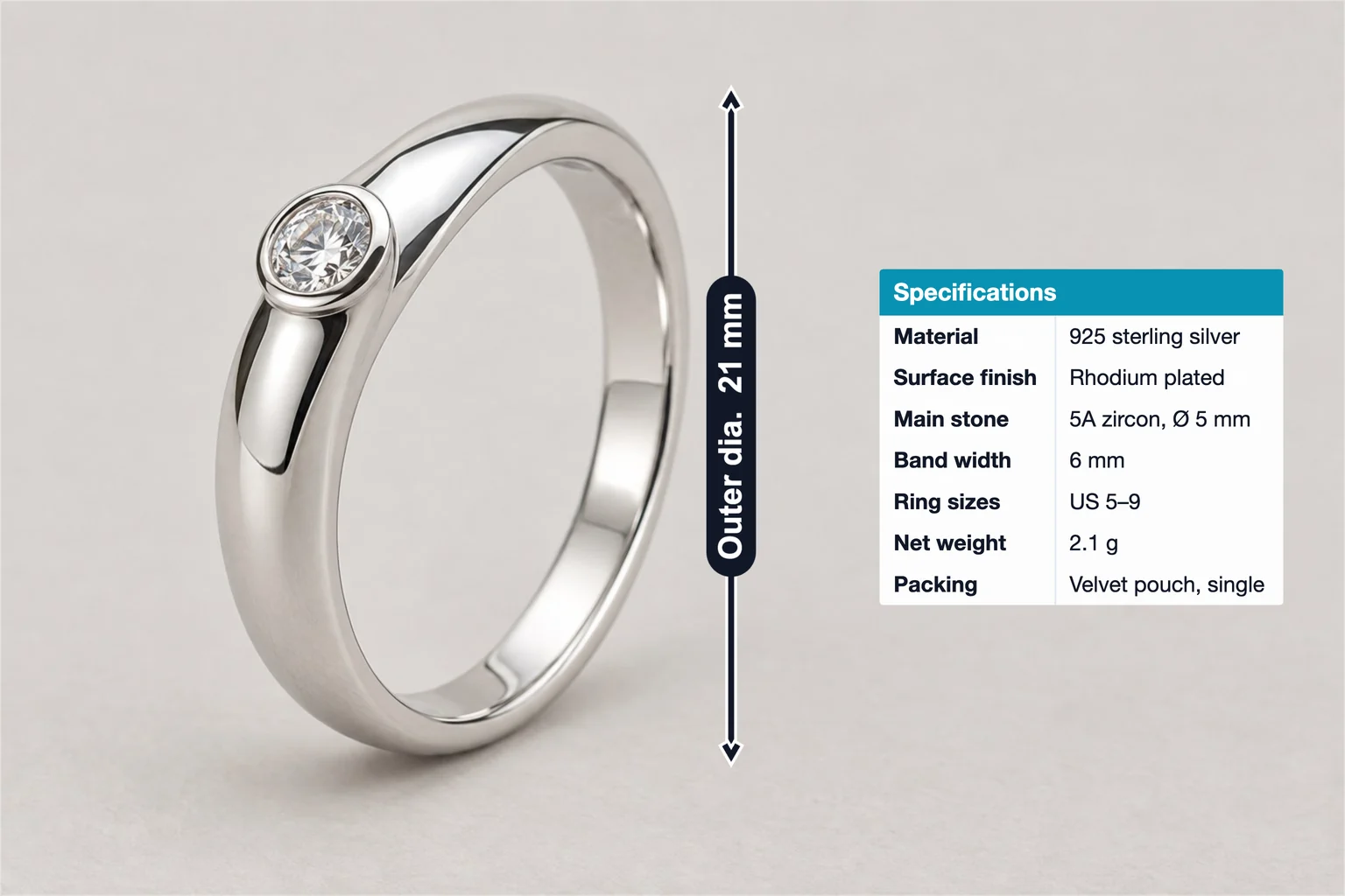 Zircon silver ring annotated with a 21 mm outer diameter and a specification table with material, stone, band width and ring sizes
