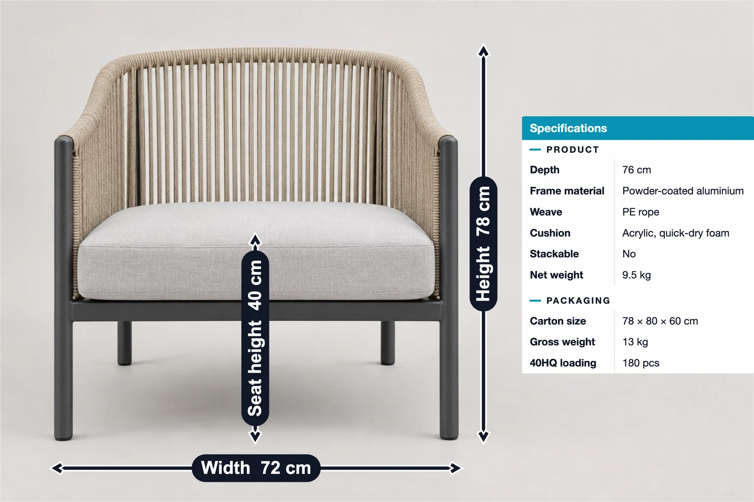 Outdoor-Sessel mit Seilgeflecht, bemaßt mit 72 cm Breite, 78 cm Höhe und 40 cm Sitzhöhe, dazu Spezifikationstabelle zu Produkt und Verpackung