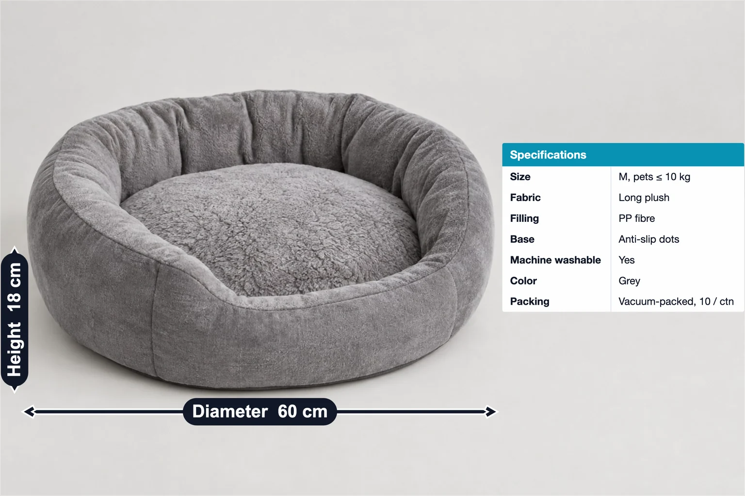ที่นอนสัตว์เลี้ยงทรงกลมขนนุ่มที่มีคำอธิบายเส้นผ่านศูนย์กลาง 60 cm ความสูง 18 cm และตารางสเปกพร้อมไซซ์ M สำหรับสัตว์เลี้ยงไม่เกิน 10 kg