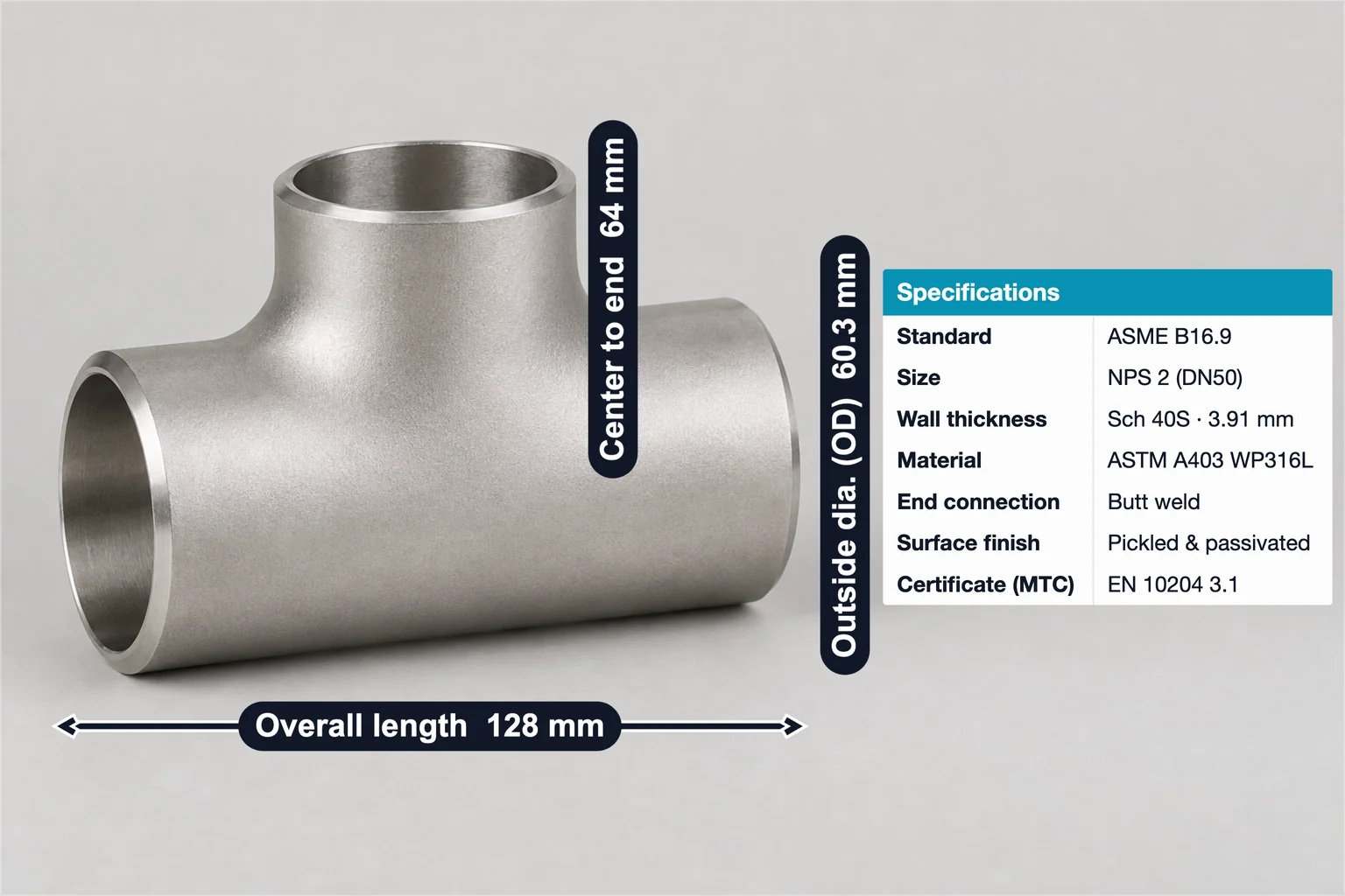 Butt-weld tee annotated with 60.3 mm outside diameter, 64 mm center to end, 128 mm overall length and a specification table