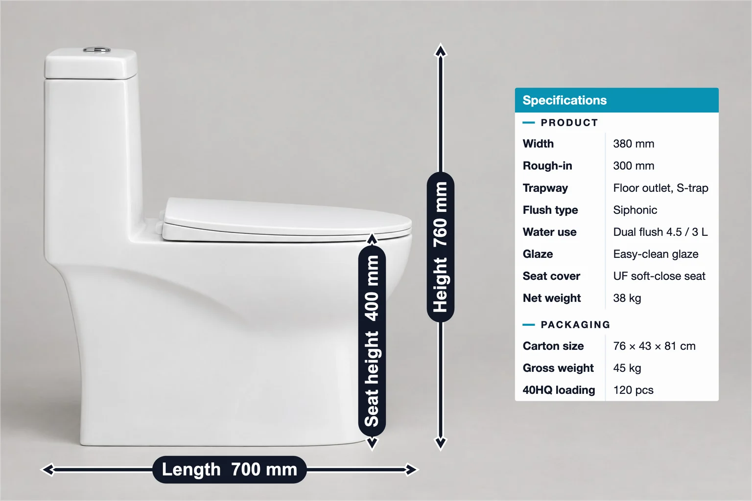 Einteiliges Stand-WC mit 700 mm Länge, 760 mm Höhe, 400 mm Sitzhöhe und Spezifikationstabelle zu Produkt und Verpackung