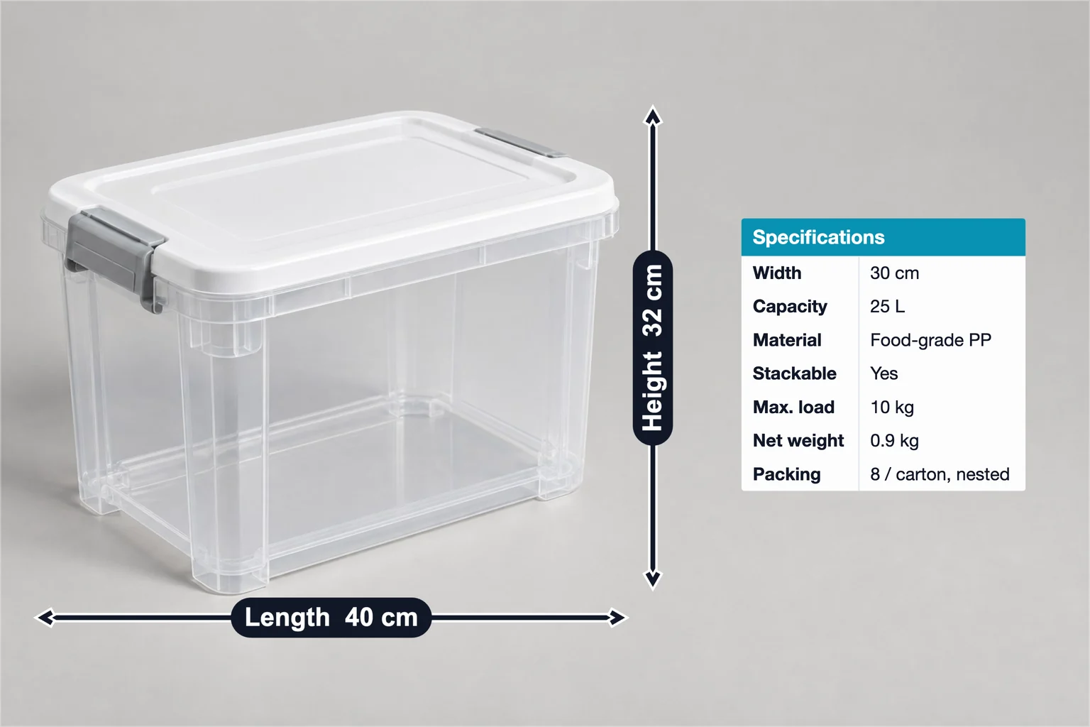 Latching storage box annotated with 40 cm length, 32 cm height and a spec table with 30 cm width and 25 L capacity