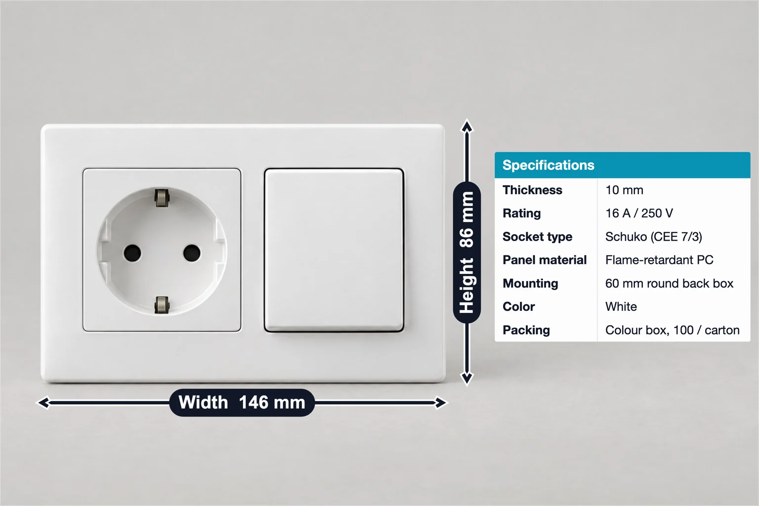 Schuko socket and switch annotated with 146 mm width, 86 mm height and a spec table with 10 mm thickness and 16 A / 250 V rating