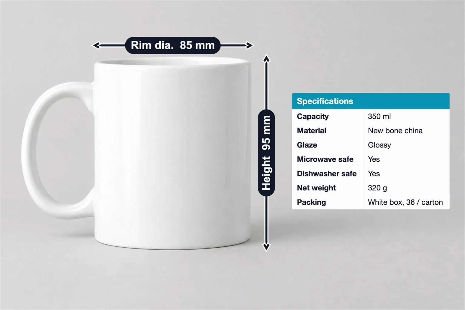 Bone china mug annotated with 95 mm height, 85 mm rim diameter and a spec table with 350 ml capacity