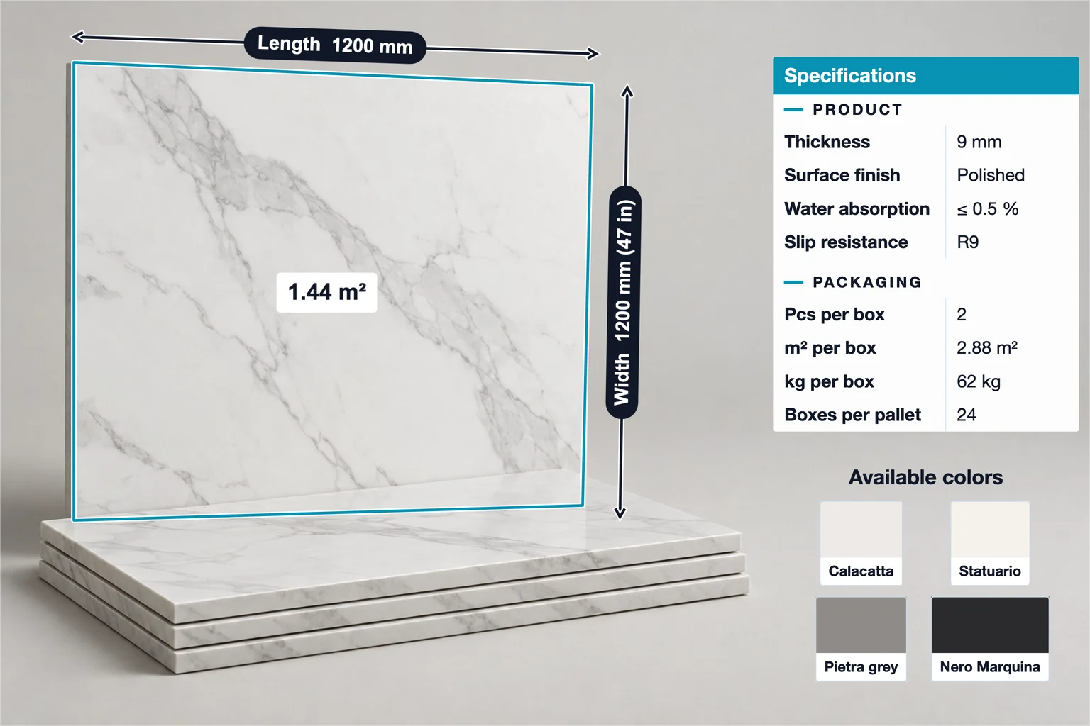 Großformatfliese mit Format 1200 × 1200 mm, 1.44 m² Fläche, vier Farbmustern und einer Spezifikationstabelle zu Produkt und Verpackung