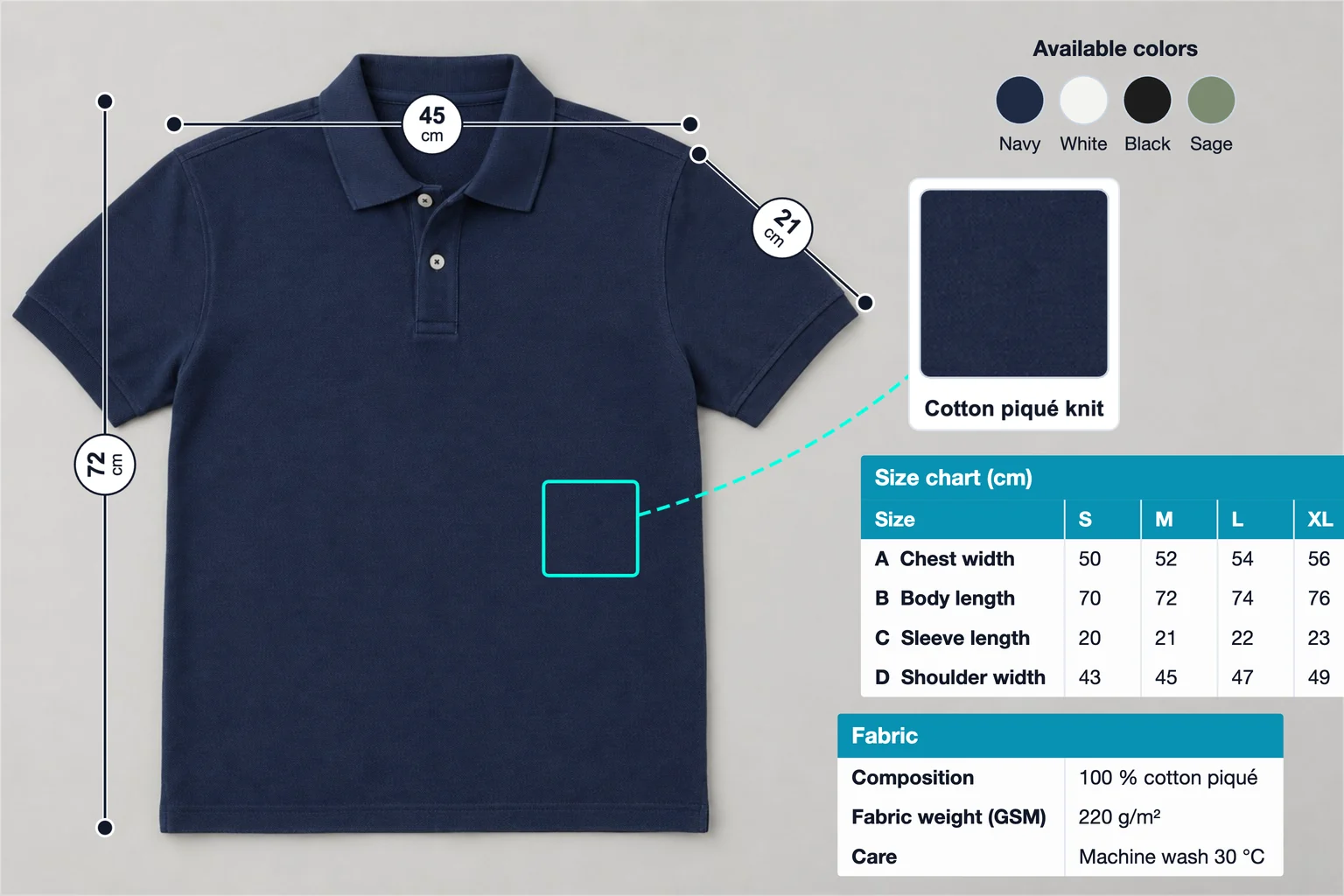Polo shirt annotated with 72 cm body length, 21 cm sleeve and 45 cm shoulder, an S–XL size chart, a fabric table, four colors and a knit close-up