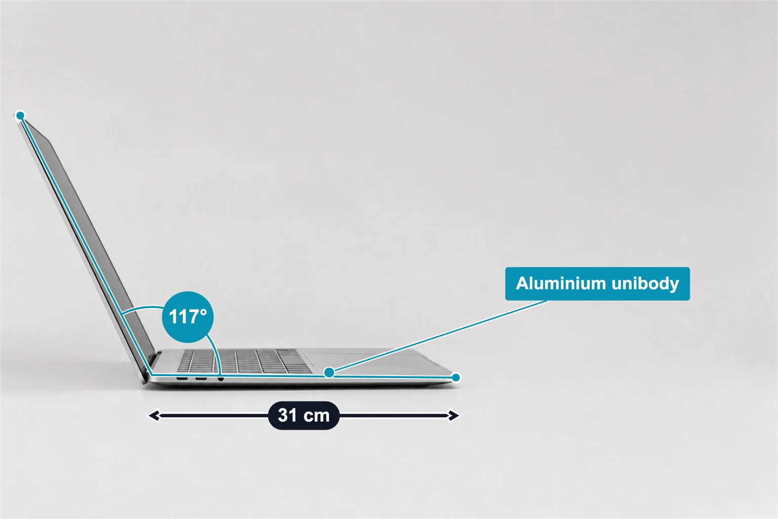 Laptop annotated with a 117° screen opening angle, a 31 cm base length line and an aluminium unibody label