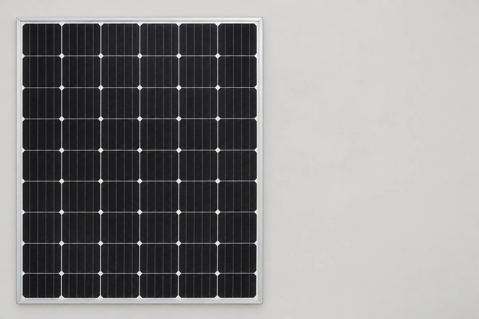 Dunkles Solarmodul mit silbernem Rahmen und weißem Zellraster, ohne Beschriftungen