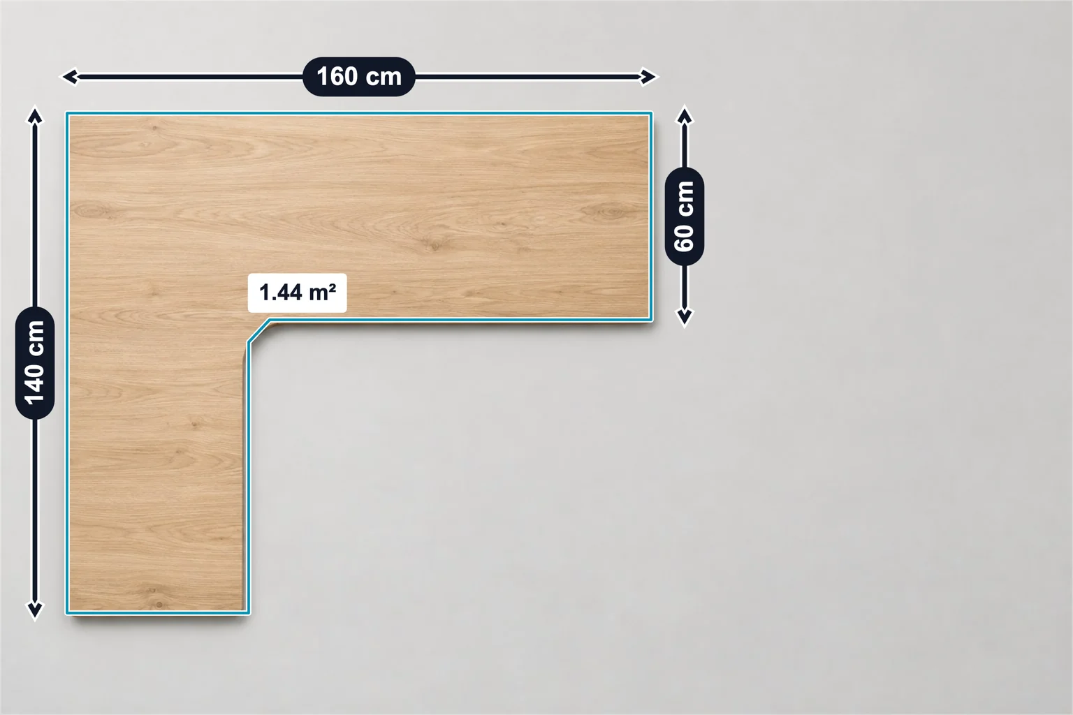 L-förmige Schreibtischplatte mit 160 cm Breite, 140 cm Länge des Winkelteils, 60 cm Tiefe und Flächenumriss mit 1.44 m²