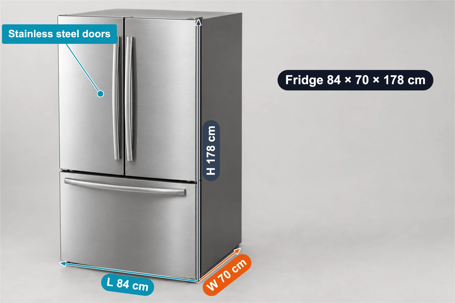 French-Door-Kühlschrank mit Kartonmaße-Markierung 84 × 70 × 178 cm und Label zu Edelstahltüren