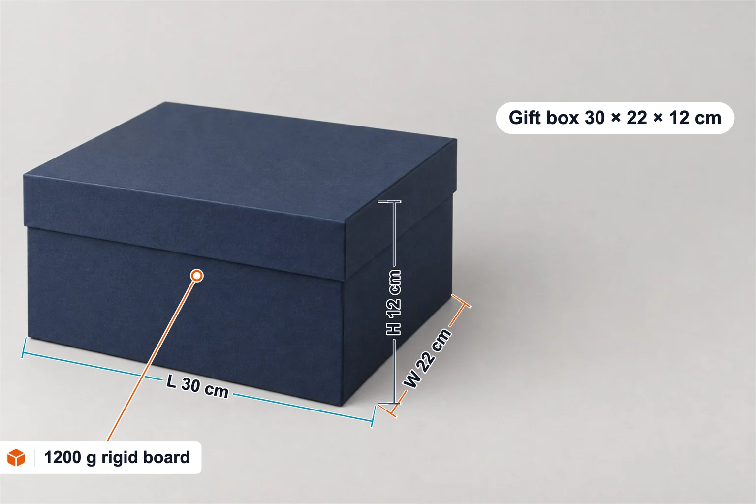Rigid gift box annotated with a 30 × 22 × 12 cm box dimension marker and a 1200 g rigid board label