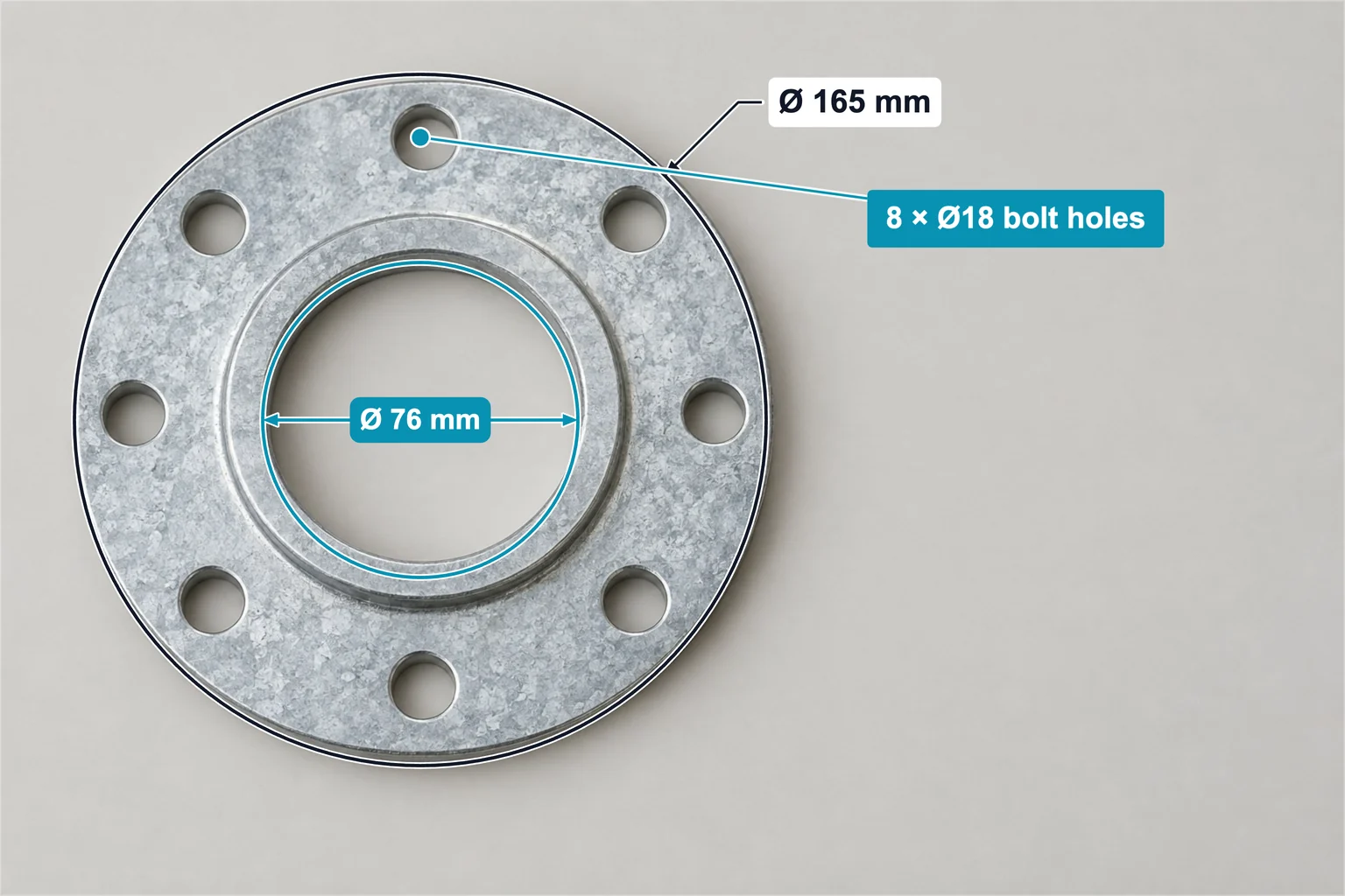 Pipe flange annotated with Ø 165 mm outside diameter, Ø 76 mm bore and an 8 × Ø18 bolt holes label