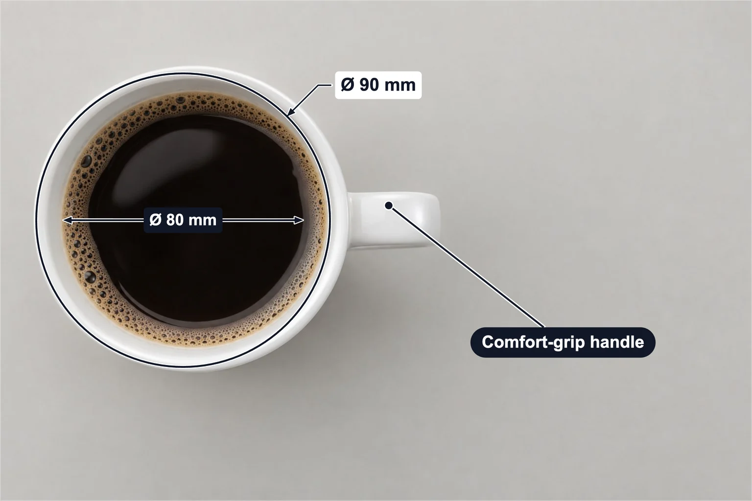 แก้วมัคกาแฟที่มีคำอธิบายเส้นผ่านศูนย์กลางนอกขอบปาก Ø 90 mm เส้นผ่านศูนย์กลางใน Ø 80 mm และป้ายหูจับถือสบาย