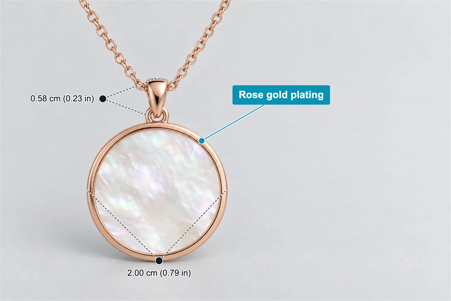 Pendant necklace annotated with 2.00 cm (0.79 in) pendant diameter, 0.58 cm (0.23 in) bail length and a rose gold plating label