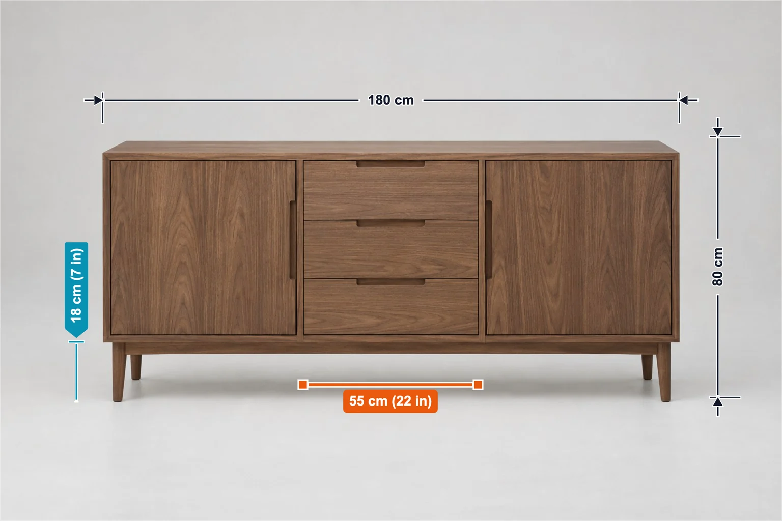 ตู้ไซด์บอร์ดที่มีคำอธิบายความกว้างรวม 180 cm ความสูงรวม 80 cm ช่องลิ้นชัก 55 cm และความสูงขา 18 cm