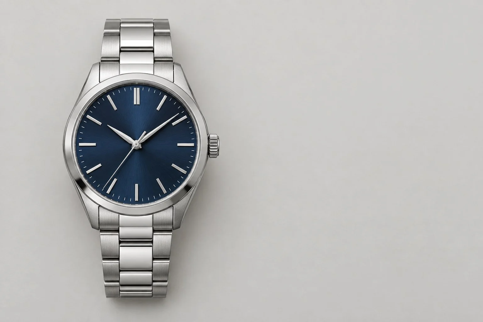 Reloj de acero inoxidable con esfera azul y brazalete de eslabones, sin anotaciones
