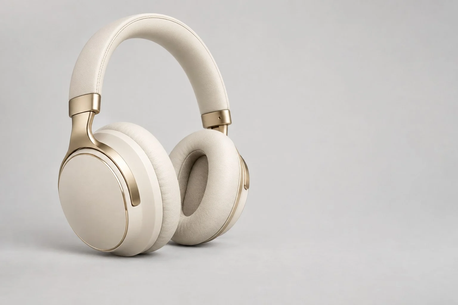 Cream over-ear headphones with gold-tone metal arms, without annotations
