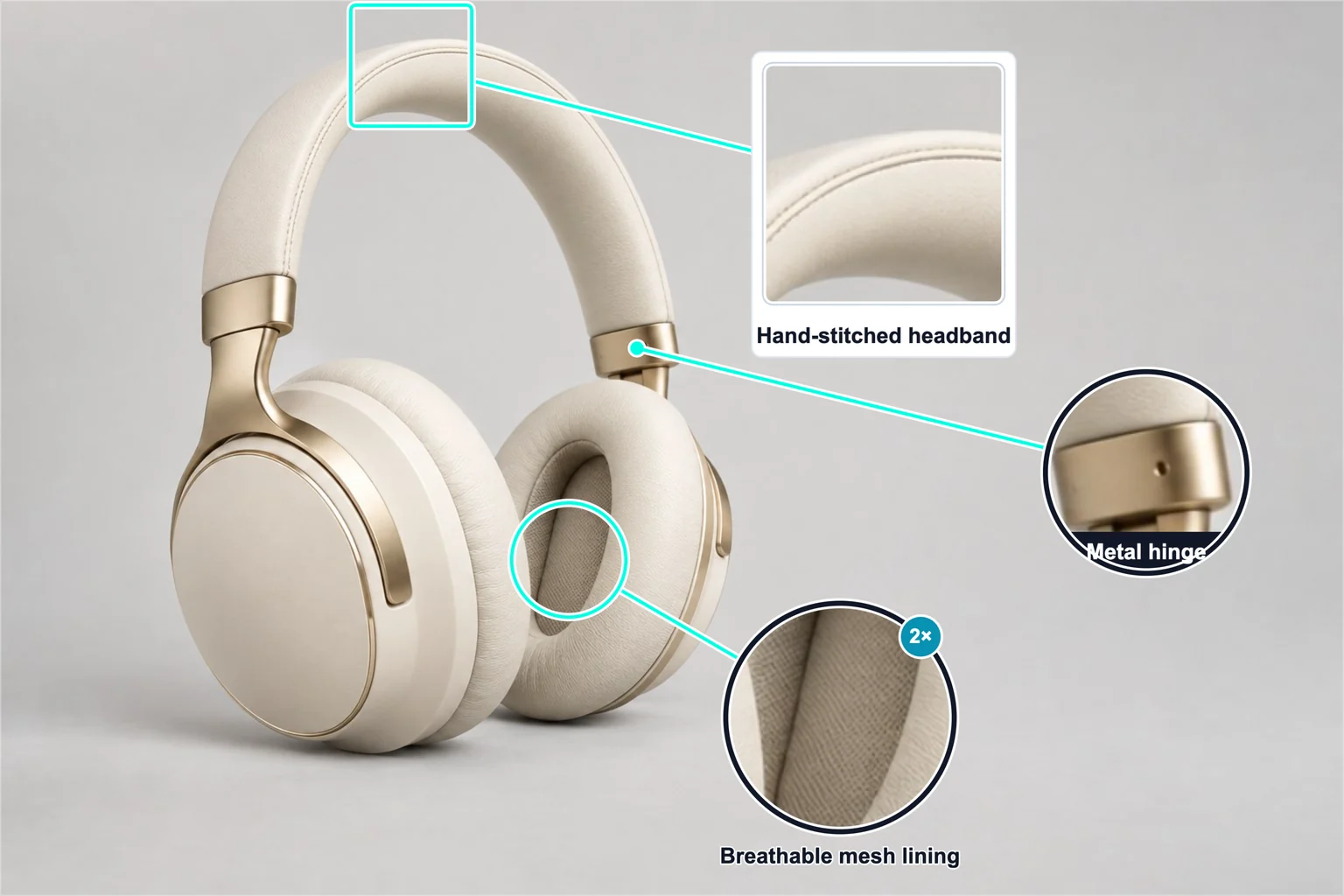 Over-ear headphones annotated with three detail zooms: hand-stitched headband, metal hinge and breathable mesh lining