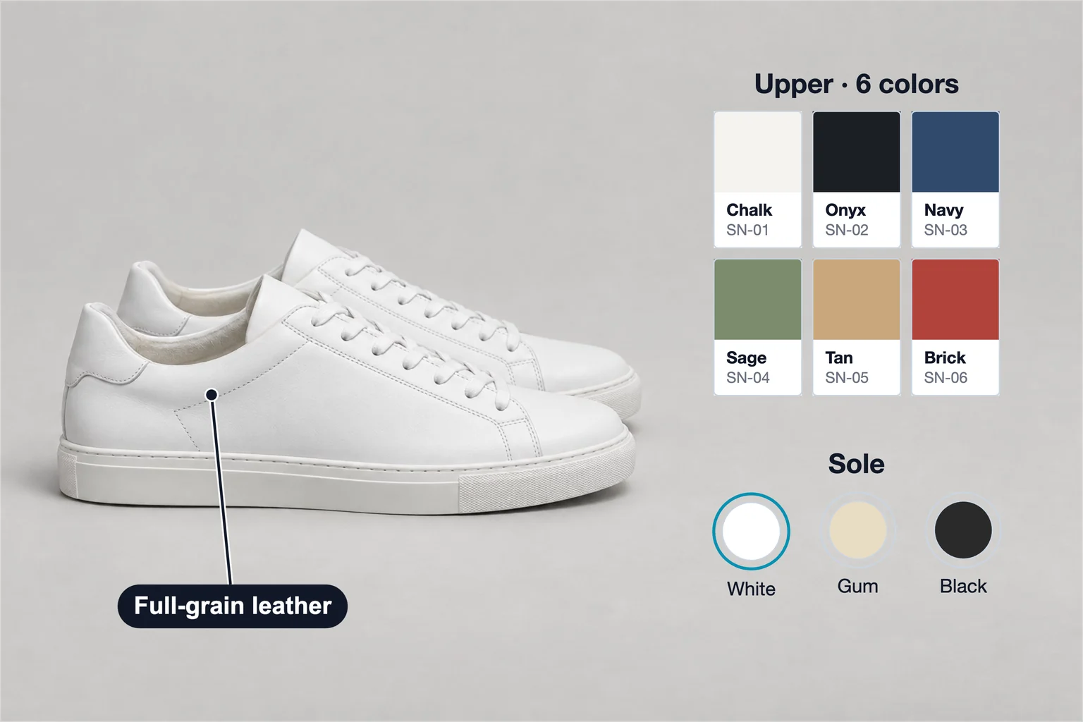 Leather low-top sneaker with six upper color swatches from Chalk to Brick, White, Gum and Black sole options and a full-grain leather label