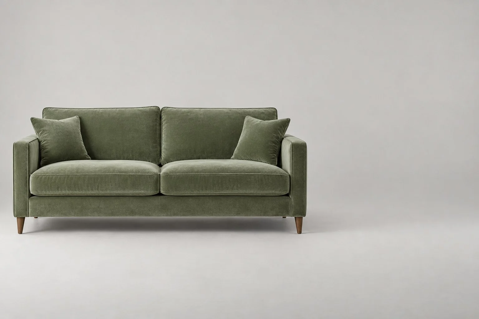 Sofá de terciopelo verde salvia con dos cojines de asiento y patas de madera, sin anotaciones
