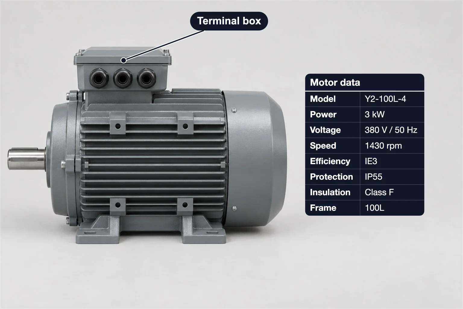 Motor eléctrico con una tabla de datos del motor para Y2-100L-4, 3 kW, 380 V / 50 Hz y 1430 rpm, y una etiqueta de la caja de bornes