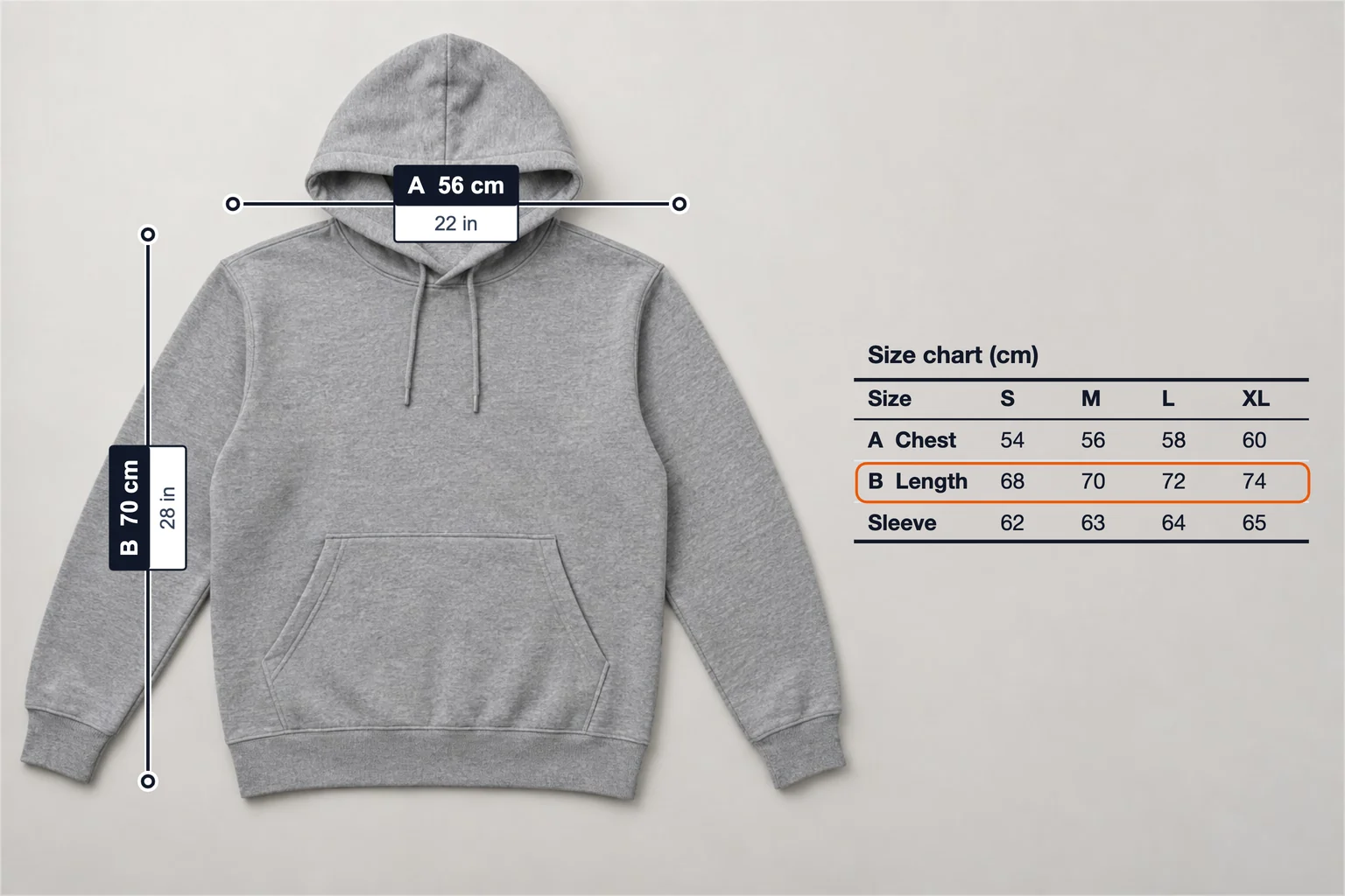 Pullover hoodie annotated with A chest 56 cm and B length 70 cm for size M, and an S–XL size chart for chest, length and sleeve