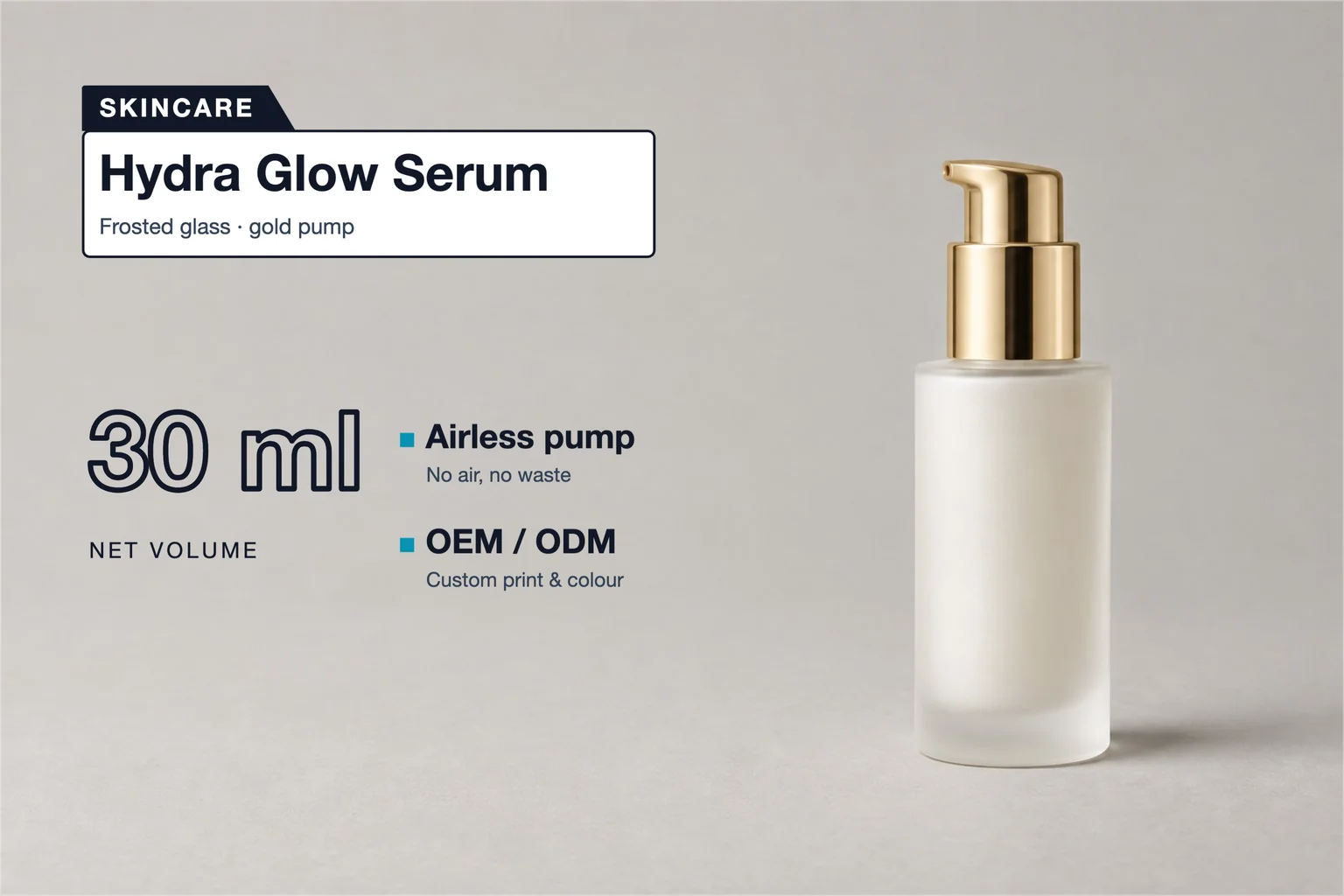 ขวดเซรั่มพร้อมข้อความ Hydra Glow Serum ปริมาณสุทธิ 30 ml หัวปั๊มสุญญากาศ และ OEM / ODM พิมพ์และเลือกสีตามสั่ง