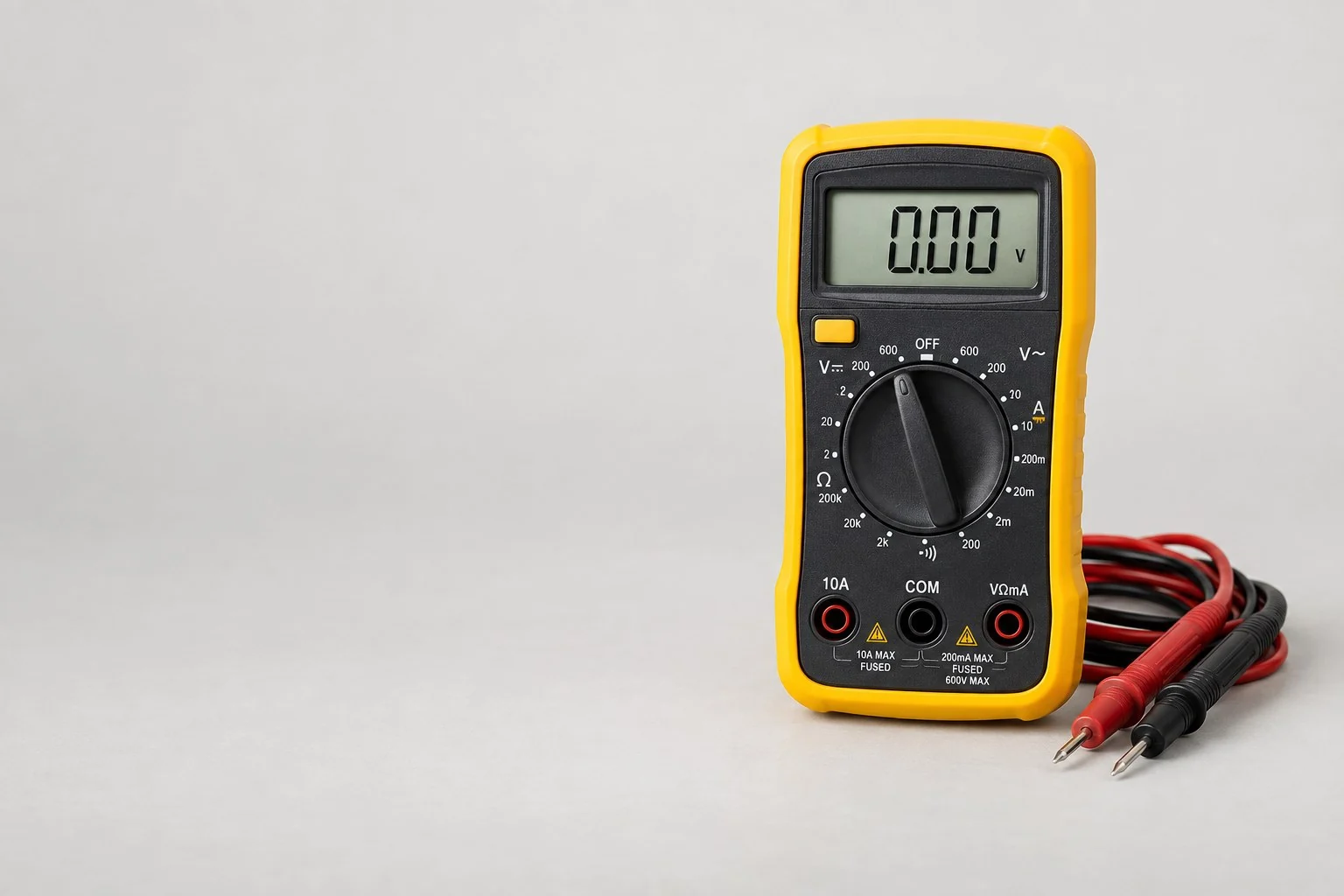 Multimeter digital kuning-hitam dengan sakelar putar dan kabel probe merah dan hitam, tanpa anotasi