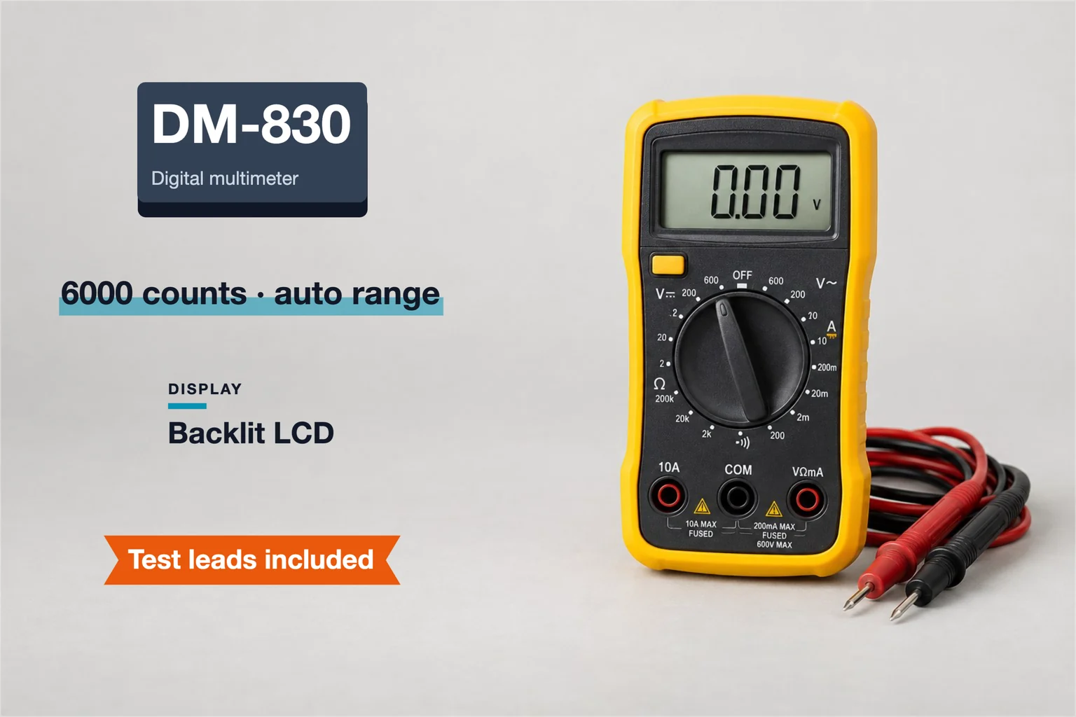 Digital multimeter with text blocks for model DM-830, 6000 counts auto range, backlit LCD and a test leads included badge